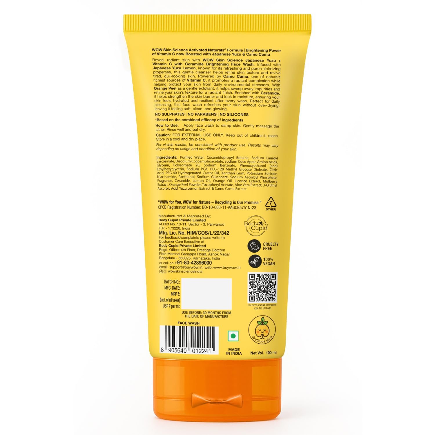 WOW Skin Science Japanese Yuzu + Vitamin C with Ceramide Brightening Face Wash | 500x Vitamin C | For Strengthened Glowing Skin | Paraben-Free Gentle Cleanser with Orange Peel & Camu Camu | thumbnail