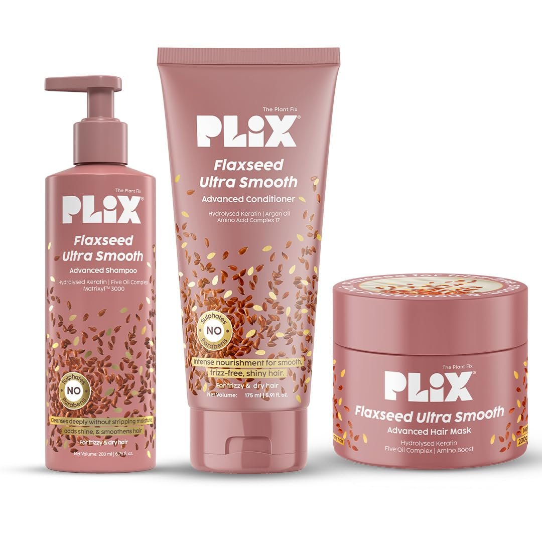 PLIX THE PLANT FIX Flaxseed Keratin Smoothening Mask, Shampoo & Conditioner | Plant Keratin PF | Flaxseed Oil | Softer, Smoother Hair | Pack of 3 | 200gm + 200ml + 175ml | thumbnail