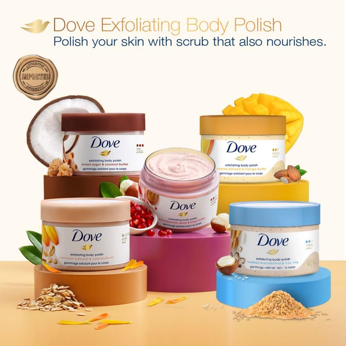 Dove Exfoliating Body Polish Scrub with Crushed Almond & Mango Butter – 298g | Gentle Exfoliation & Moisturization for Dry Skin | Sulfate-Free Formula for Soft, Smooth & Healthy-Looking Skin thumbnail