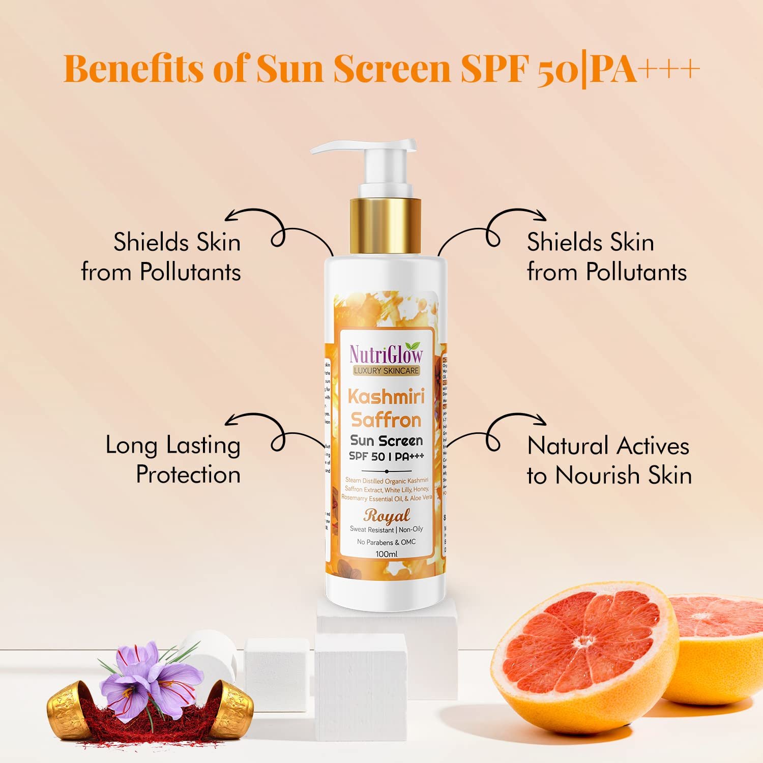 NutriGlow Kashmiri Saffron Sunscreen SPF50 PA+++ 100ml thumbnail