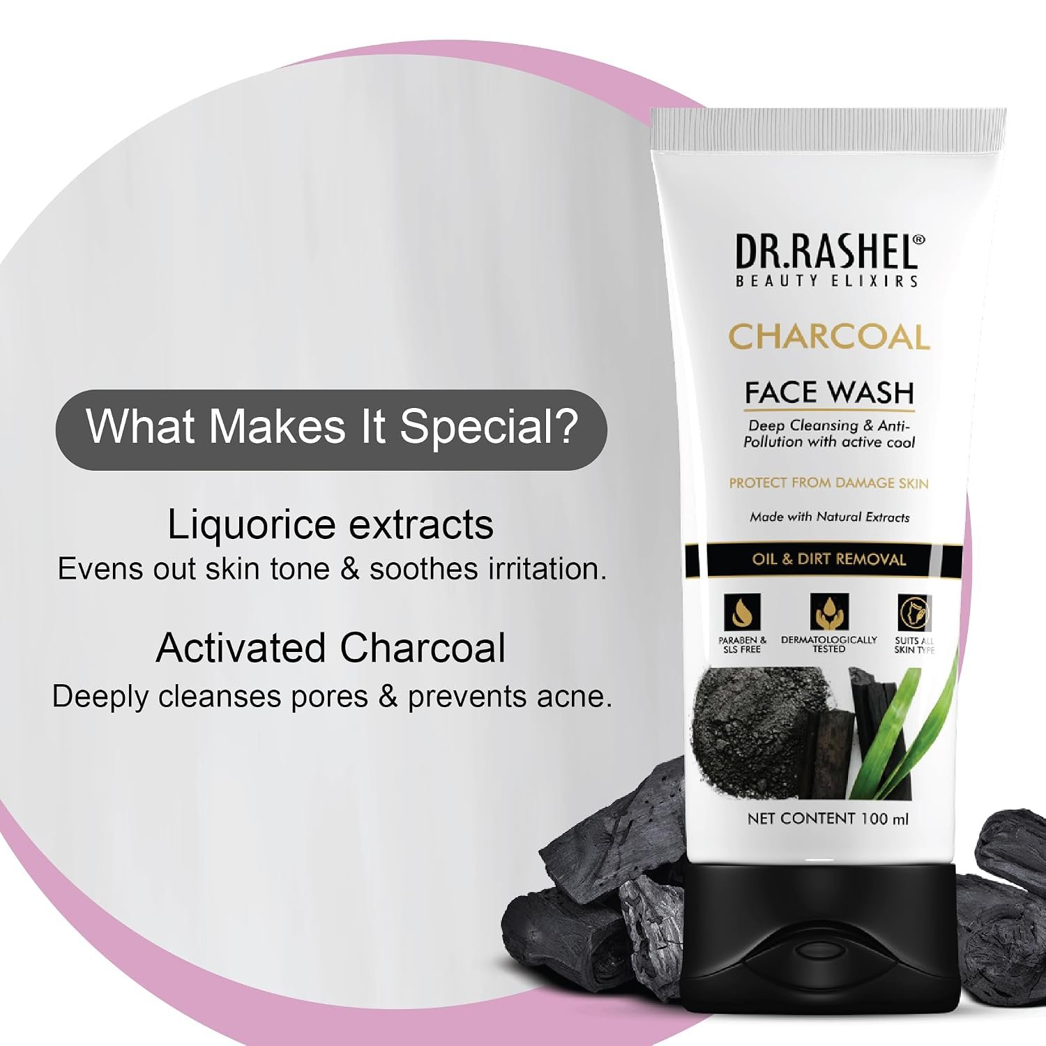 DR.RASHEL Charcoal Face Wash Deep Cleansing & Anti-Polltion with Active Cool with No Parabens, SLS, Silicones & Colour (100 ml) thumbnail