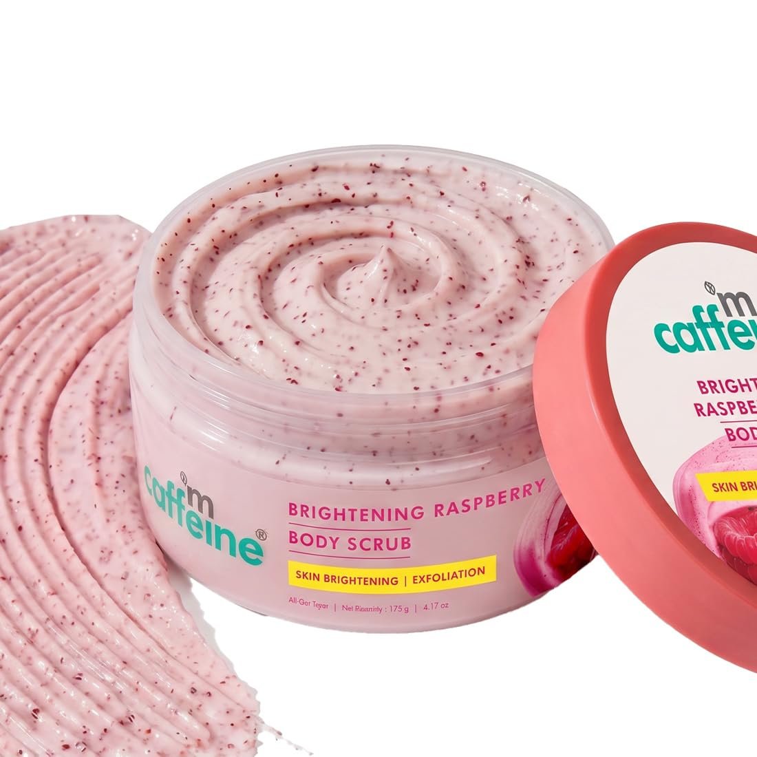 mCaffeine Brightening Raspberry Body Scrub | Tan Removal | AHAs - Lactic & Glycolic Acid, Niacinamide | Vitamin C Rich for Brighter, Soft Skin | Remove Dry, Dead Skin | 175g thumbnail