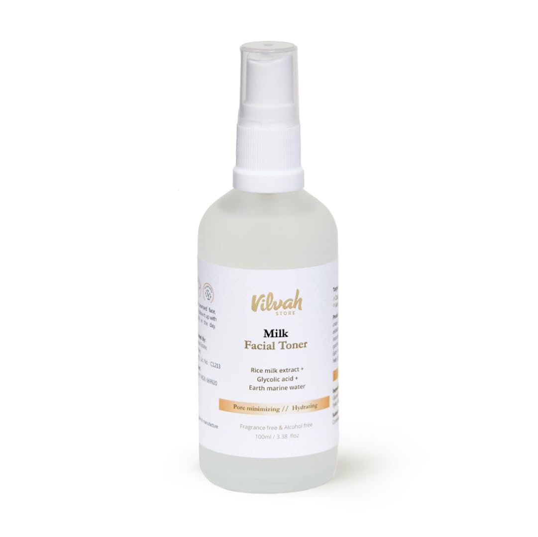 Vilvah Milk Face Toner | Pore Minimizing & Hydrating Toner for Smooth Skin Texture | With Rice Milk, Marine Water & Glycolic Acid | Balances Skin pH, Refines Pores & Boosts Hydration | 100ml thumbnail