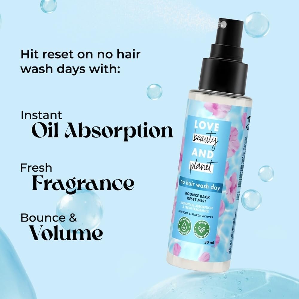 LOVE BEAUTY and PLANET Bounce Back Reset Mist, No Alcohol Dry Shampoo, 30ml, for Instant Hair, with Hyaluronic Acid & 100% Natural Pentavitin, Non-Aerosol, No White Residue, for Women thumbnail