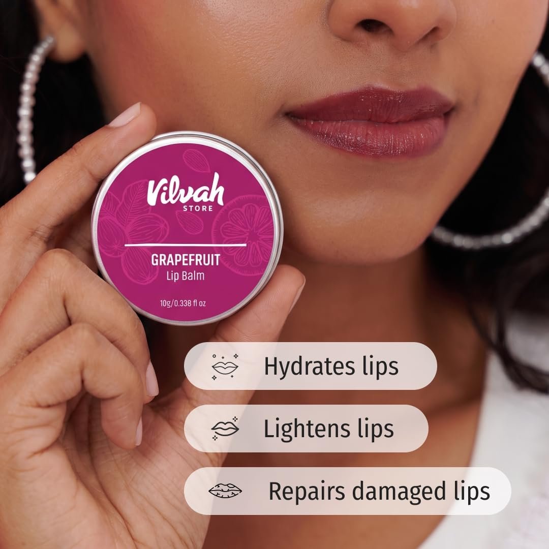 Vilvah Grapefruit Lip Balm for Dry, Chapped & Cracked Lips | Heals, Nourishes, Hydrates & Adds Natural Tint | Nourishing Shea Butter Formula | 10g thumbnail