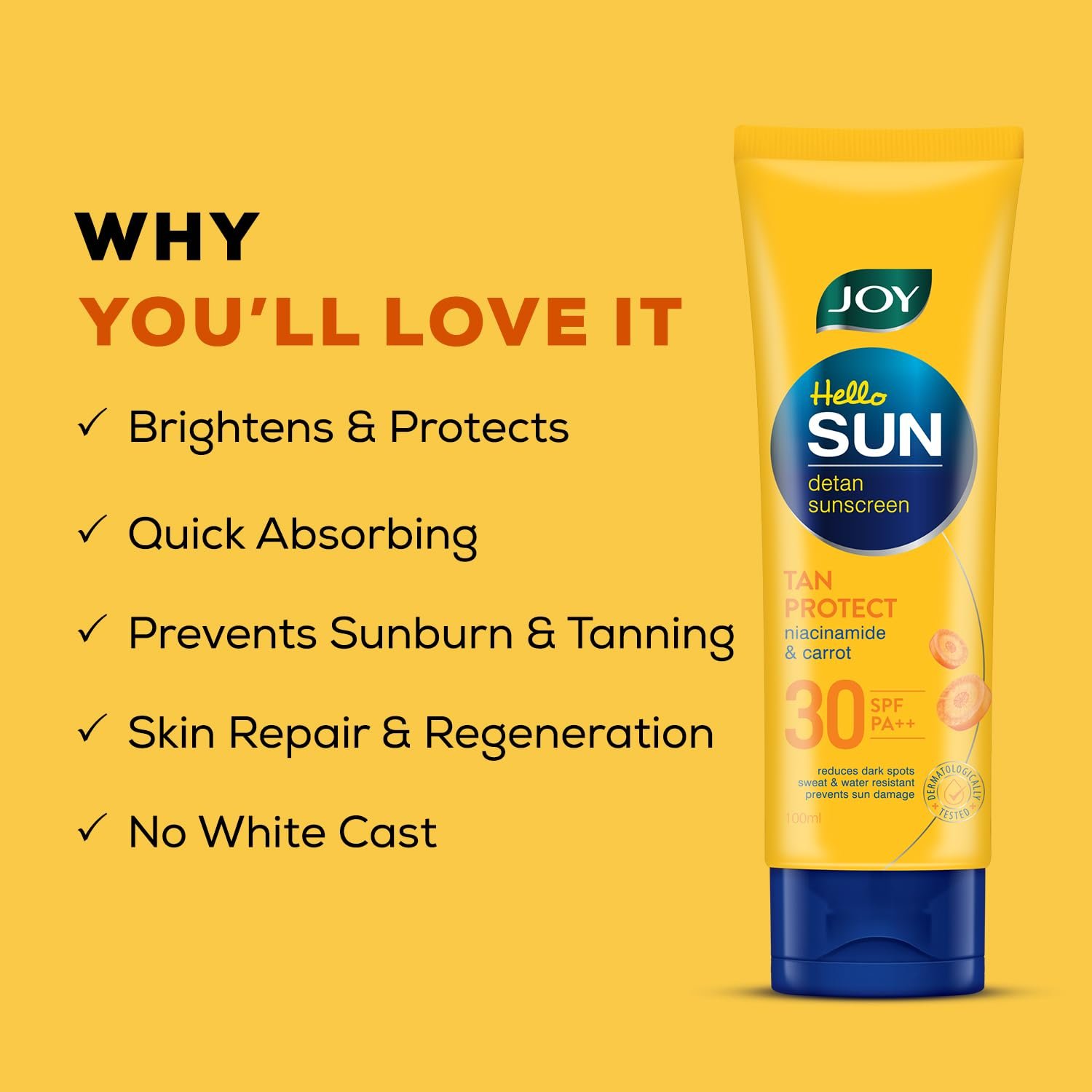 Joy Broad Spectrum SPF 30 Face & Body Sunscreen (100ml) | INVIVO Tested | Sunblock & Anti Tan Sunscreen For Normal to Oily Skin | Lightweight, Non Greasy & Zero White Cast thumbnail