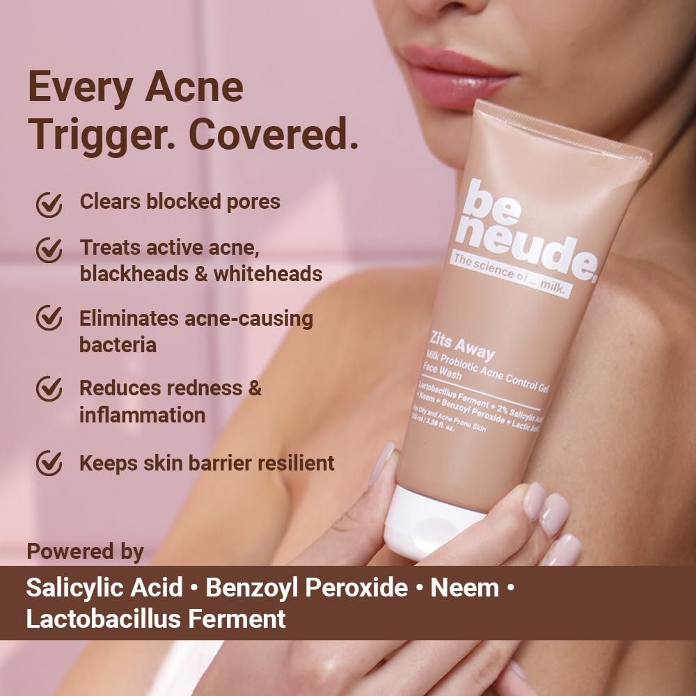 Be Neude Zits Away 100ml Daily Acne Control Face Wash with Milk Probiotics, 2% Salicylic Acid, Neem, Acne Face Wash for Men & Women (Pack of 1) thumbnail