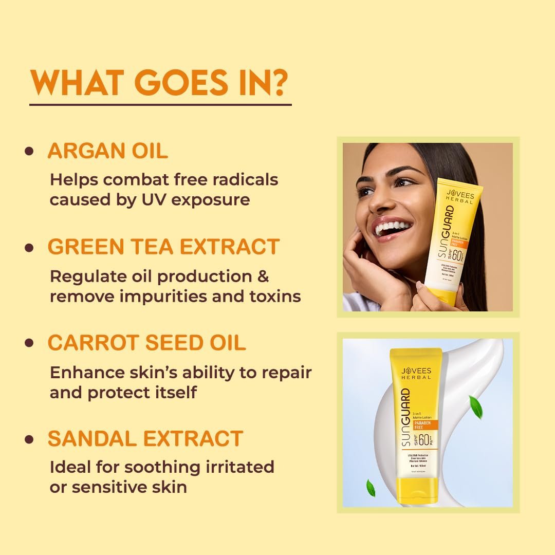 Jovees Herbal Sun Guard Sunscreen Lotion SPF 60 Pa+++ Broad Spectrum For All Skin | 3 In 1 Matte Sunscreen Lotion UVA/UVB Protection, Moisture Balance, Even Tone Skin | For Women & Men 100g thumbnail