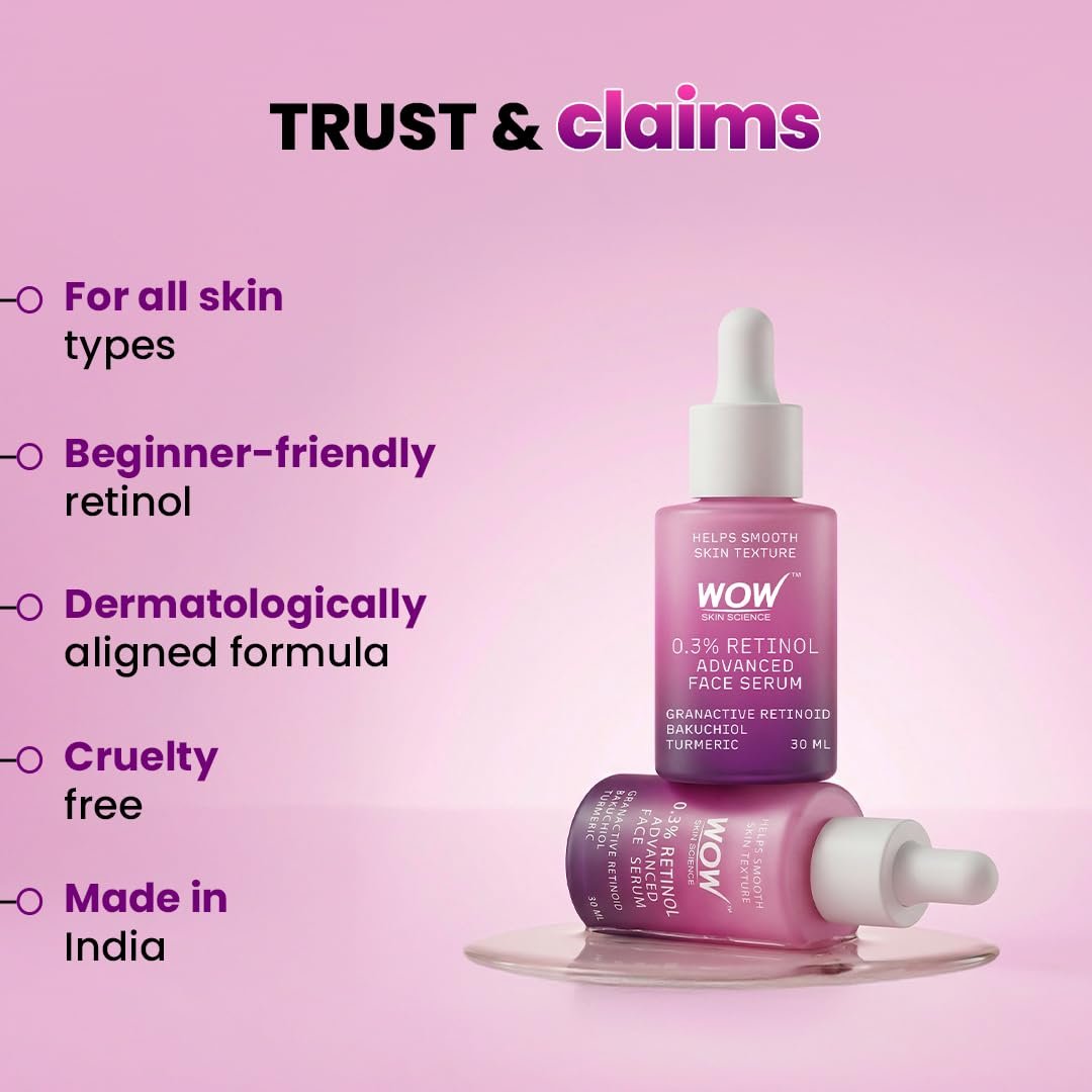 WOW Skin Science 0.3% Retinol Advanced Face Serum | Granactive Retinoid + Bakuchiol + Turmeric | Smooths Texture, Reduces Fine Lines & Firms Skin | Beginner-Friendly Retinol | 30 ml thumbnail