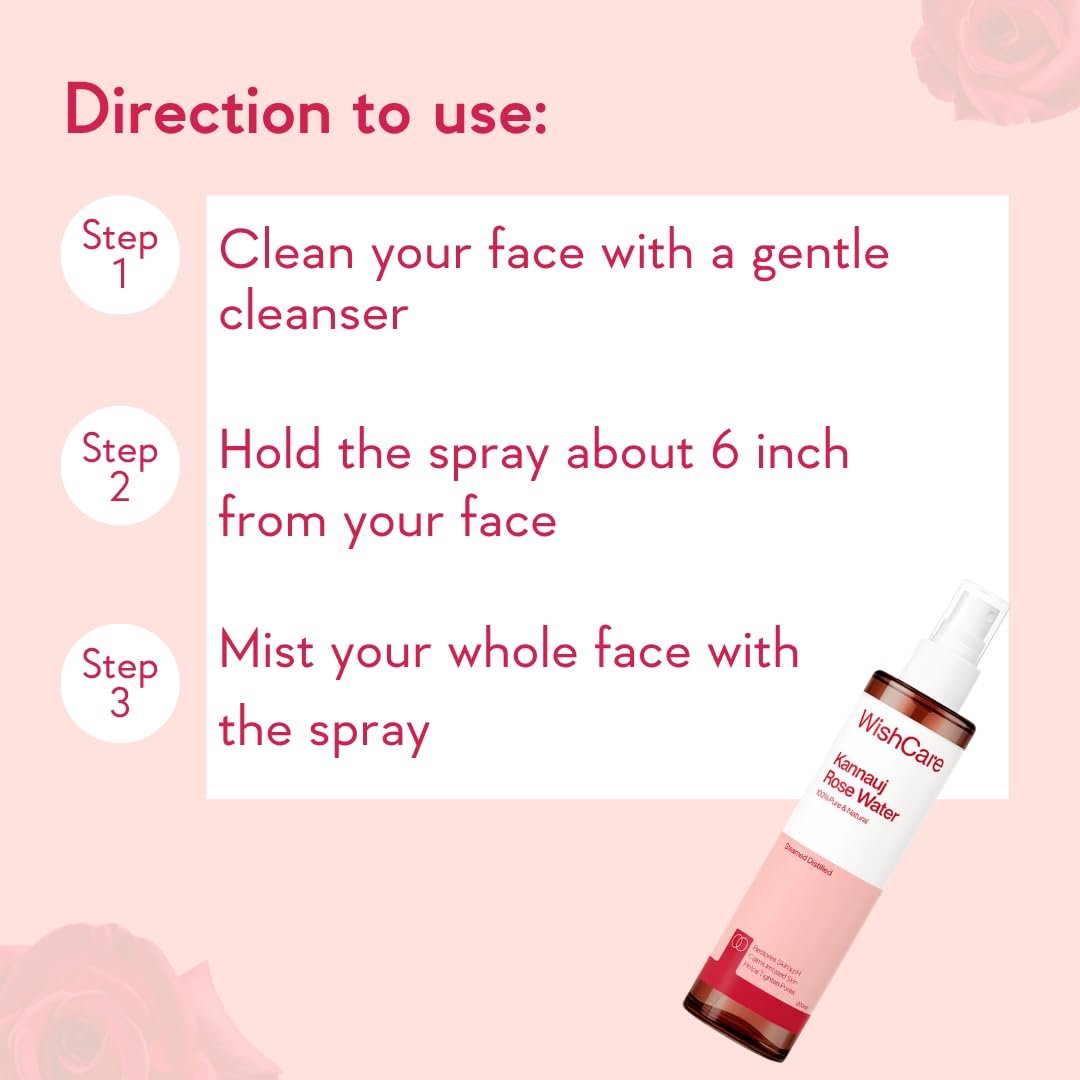 WishCare 100% Pure & Natural Rose Water For Face, Skin & Hair - Rose Water Toner for Glowing Skin - Free from Paraben & Alcohol 200ml thumbnail