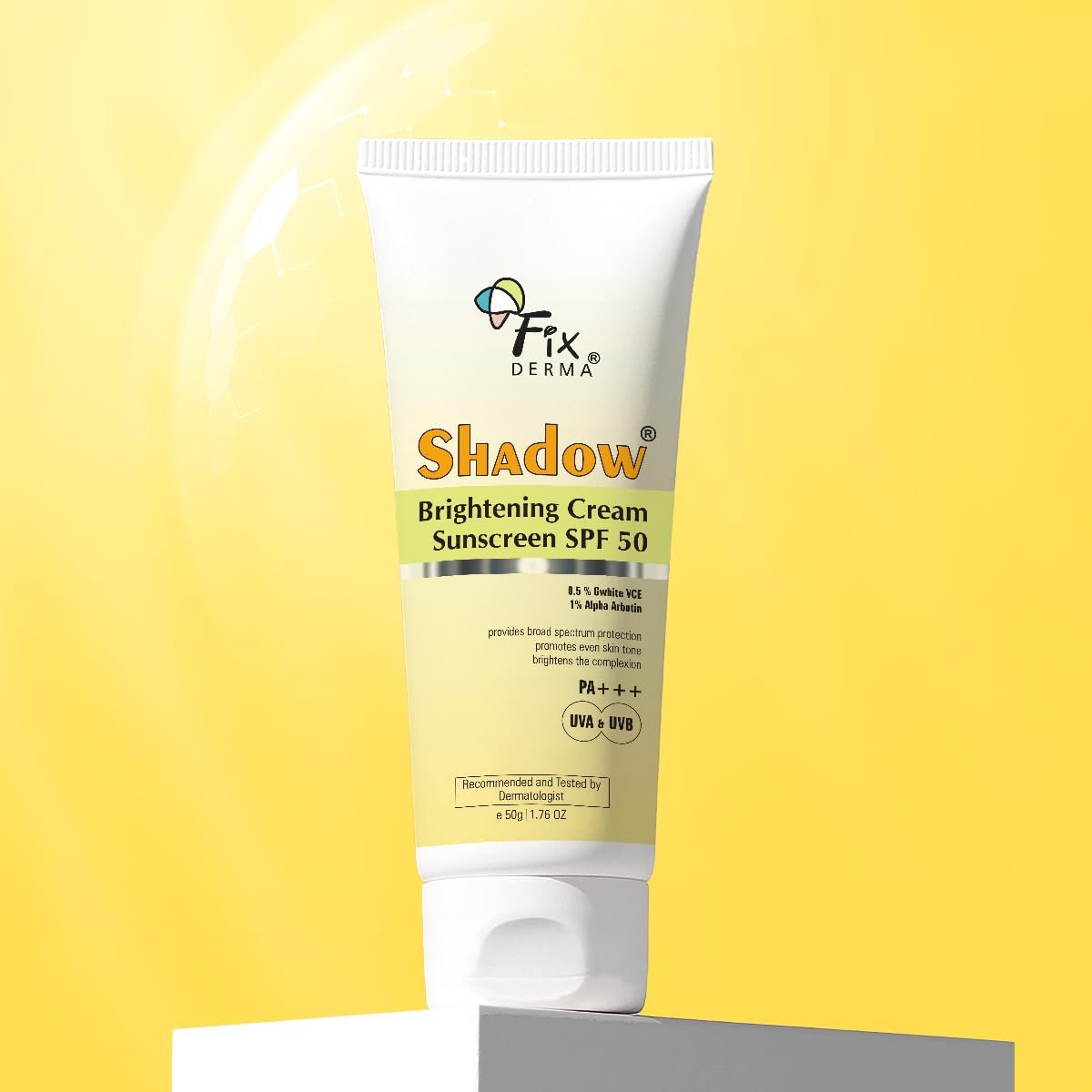 Fixderma Shadow Brightening Sunscreen SPF50 PA+++ with 1% Alpha Arbutin | UVA/UVB, Broad Spectrum Protection | Reduce Tan & Brightens the Complexion | Lightweight, No White Castb- 50GM thumbnail