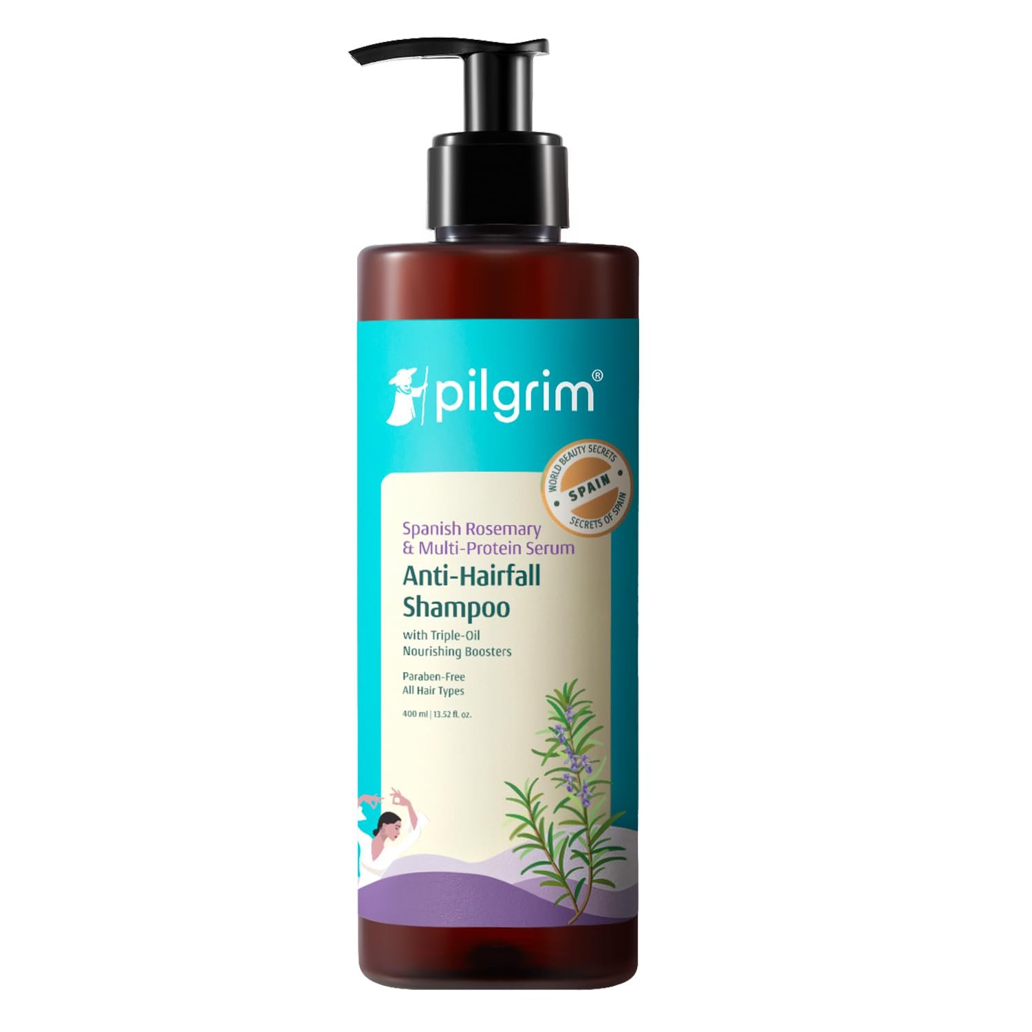 Pilgrim Rosemary Anti-Hairfall Shampoo with Multi-Protein Serum - 400ml Triple Oil Nourishing Boosters to Reduce Dryness, Breakage-Led Hair Fall, Strengthens Weak Hair, Controls Frizz, Adds