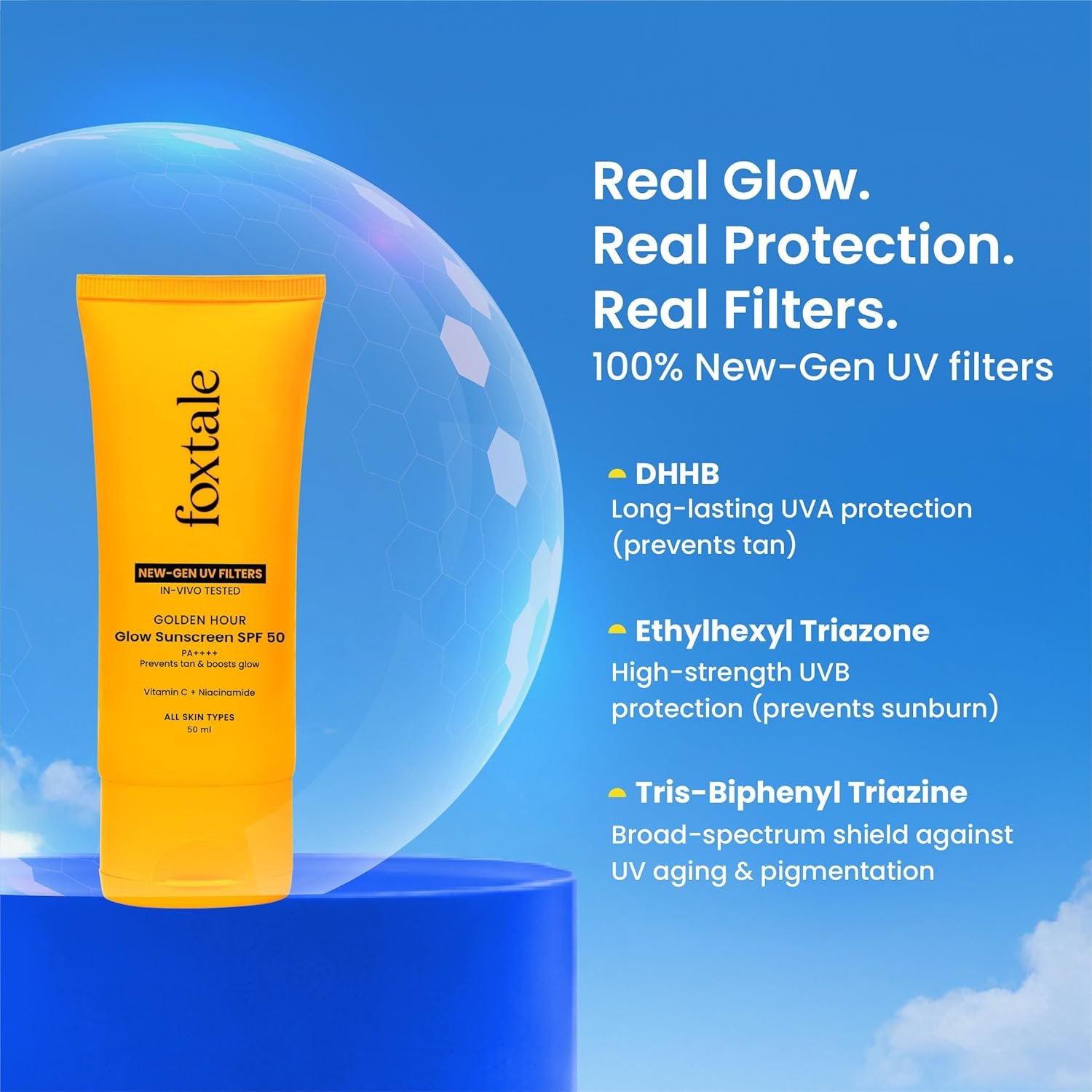 Foxtale Glow Sunscreen SPF 50 PA++++ with Vitamin C & Niacinamide, in-Vivo Tested, Sensitive-Skin Friendly, Made with 100% New-Gen Filters, Lightweight, Non-Greasy, No White Cast |50ml thumbnail