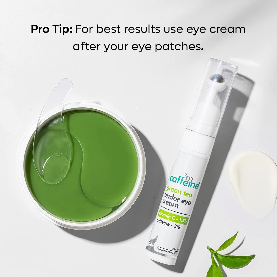 mCaffeine Green Tea Under Eye Cream to Reduce Fine Lines, Wrinkles & Dark Circles | 3% Caffeine, 1.5% Vit C & Peptides to Reduce Puffiness & Refresh Skin | Cooling Gel & Roller  -15 ml thumbnail