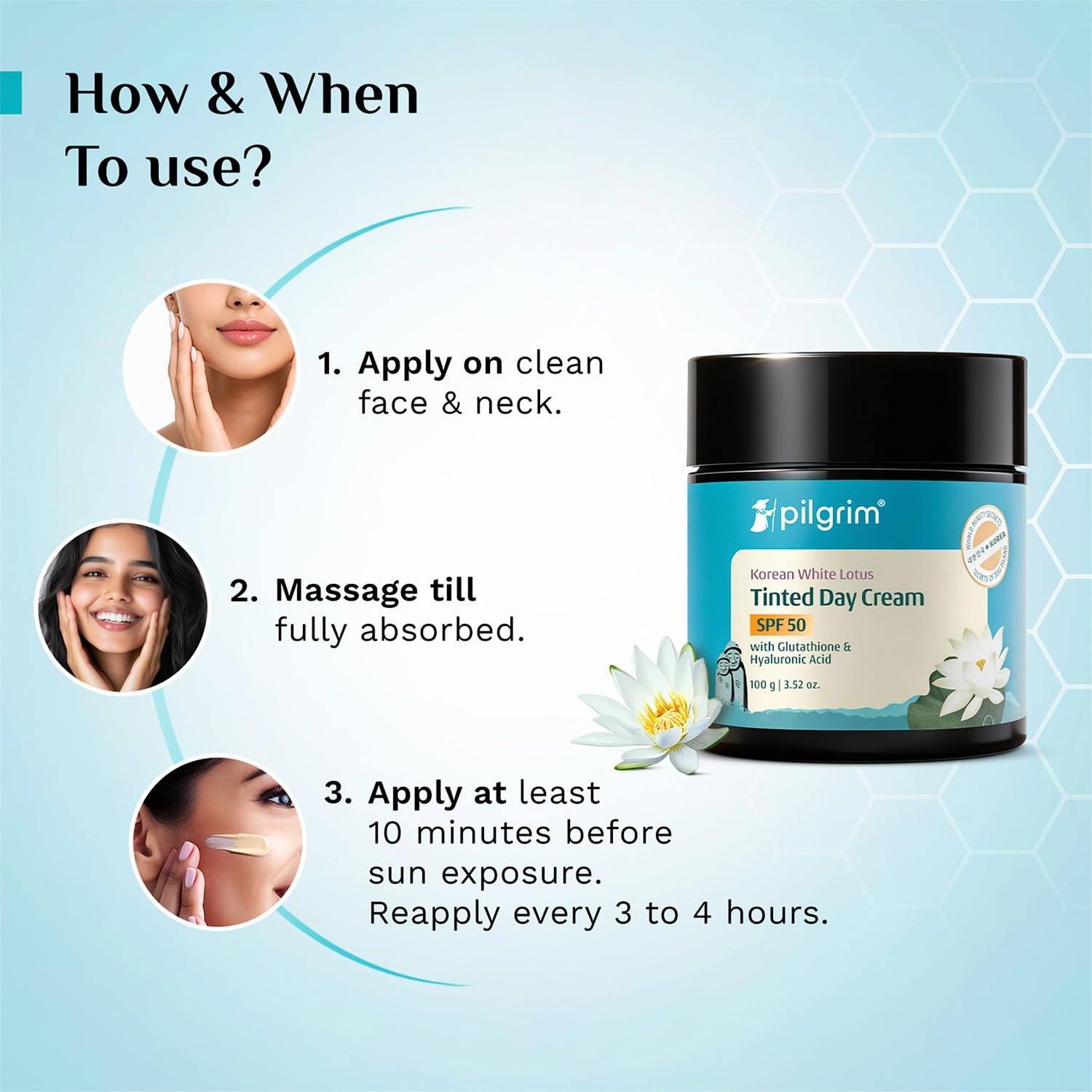 PILGRIM Korean White Lotus Face Cream with SPF 50 | White Lotus Day cream for women daily use | Face cream for dry skin, sensitive skin & oily skin | For Women and Men | 100g thumbnail