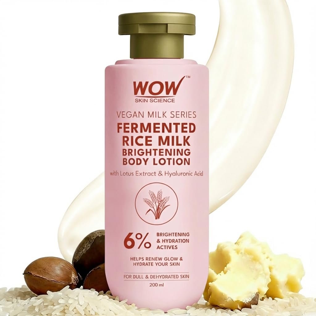 WOW Skin Science Fermented Rice Milk Brightening Body Lotion for Dull and Dehydrated Skin | 6% Brightening and Hydration Actives | Lotus Extract, Hyaluronic Acid, Shea Butter, Collagen 275ml