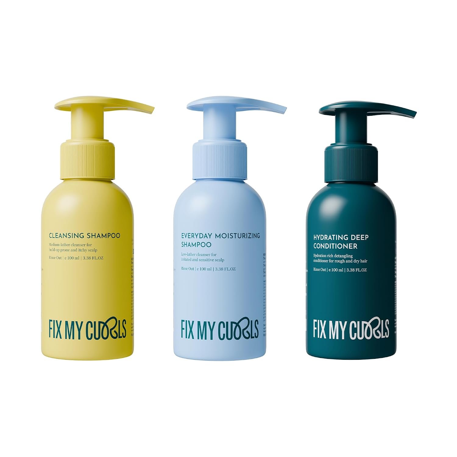 Fix My Curls Wash Day Trio | Cleansing & Moisturizing Shampoo, Hydrating Deep Conditioner | Silicone & Sulphate Free | For Curly, Wavy Hair| 100ml Each