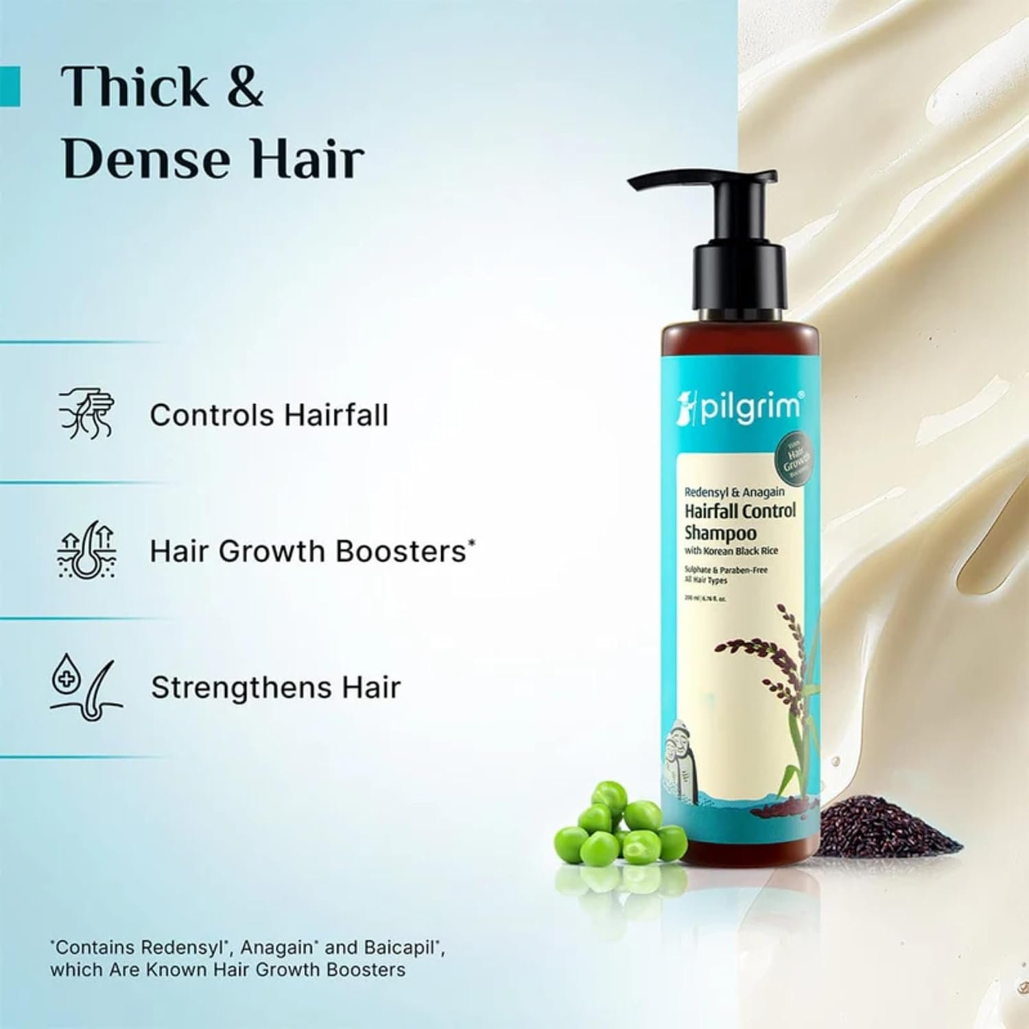 Pilgrim Redensyl & Anagain Hairfall Control Shampoo with Korean Black Rice 200ml | Anti Hairfall shampoo for Men & Women | Reduces Hairfall | Promotes Hair Thickness | For All Hair Types thumbnail