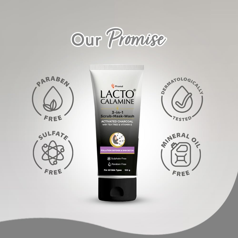 Lacto Calamine 3-in-1 Charcoal Face Scrub-Mask-Wash for Pollution Defence | 100 ml x 1 | Multi-action Encapsulated Charcoal Face Wash, Face Scrub thumbnail