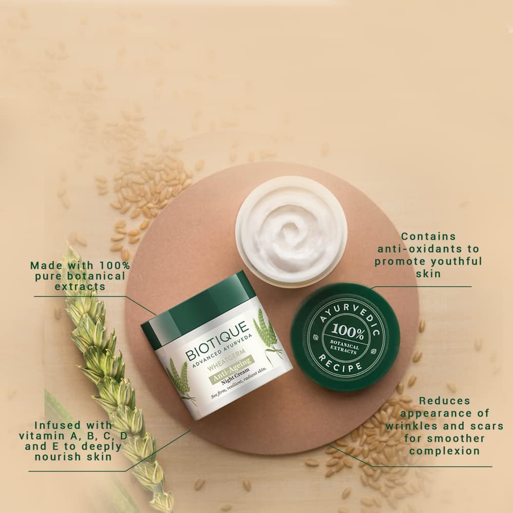 Biotique Wheat Germ Anti- Ageing Night Cream | Reduces Fine Lines | Lightens dark Spots | 100% Botanical Extracts | Suitable for All Skin Types | 50g thumbnail