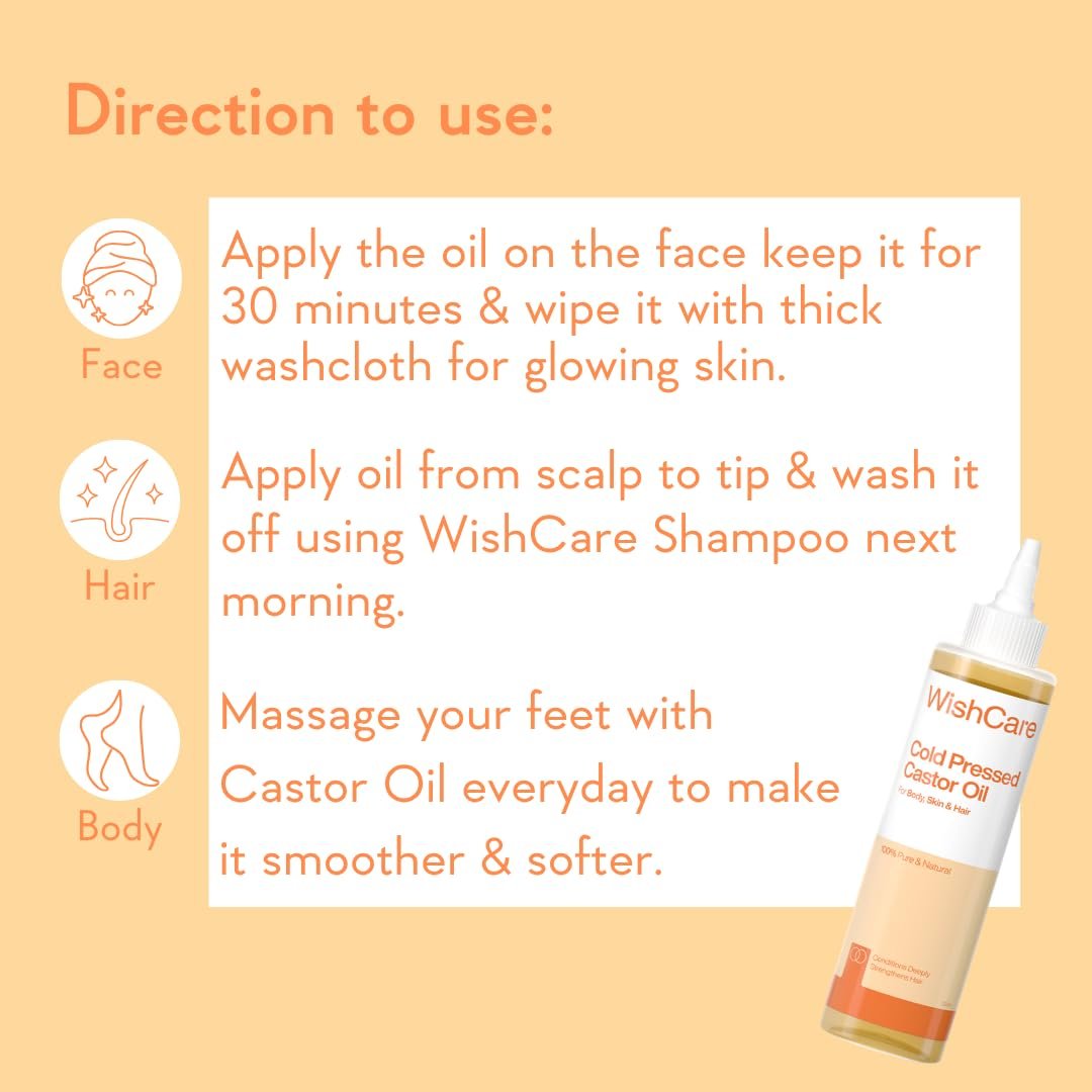 WishCare Cold-Pressed Castor Oil | 100% Natural Virgin Grade Oil for Hair, Skin, Nails & Eyelashes | Nourishing & Moisturizing Care | 200ml thumbnail