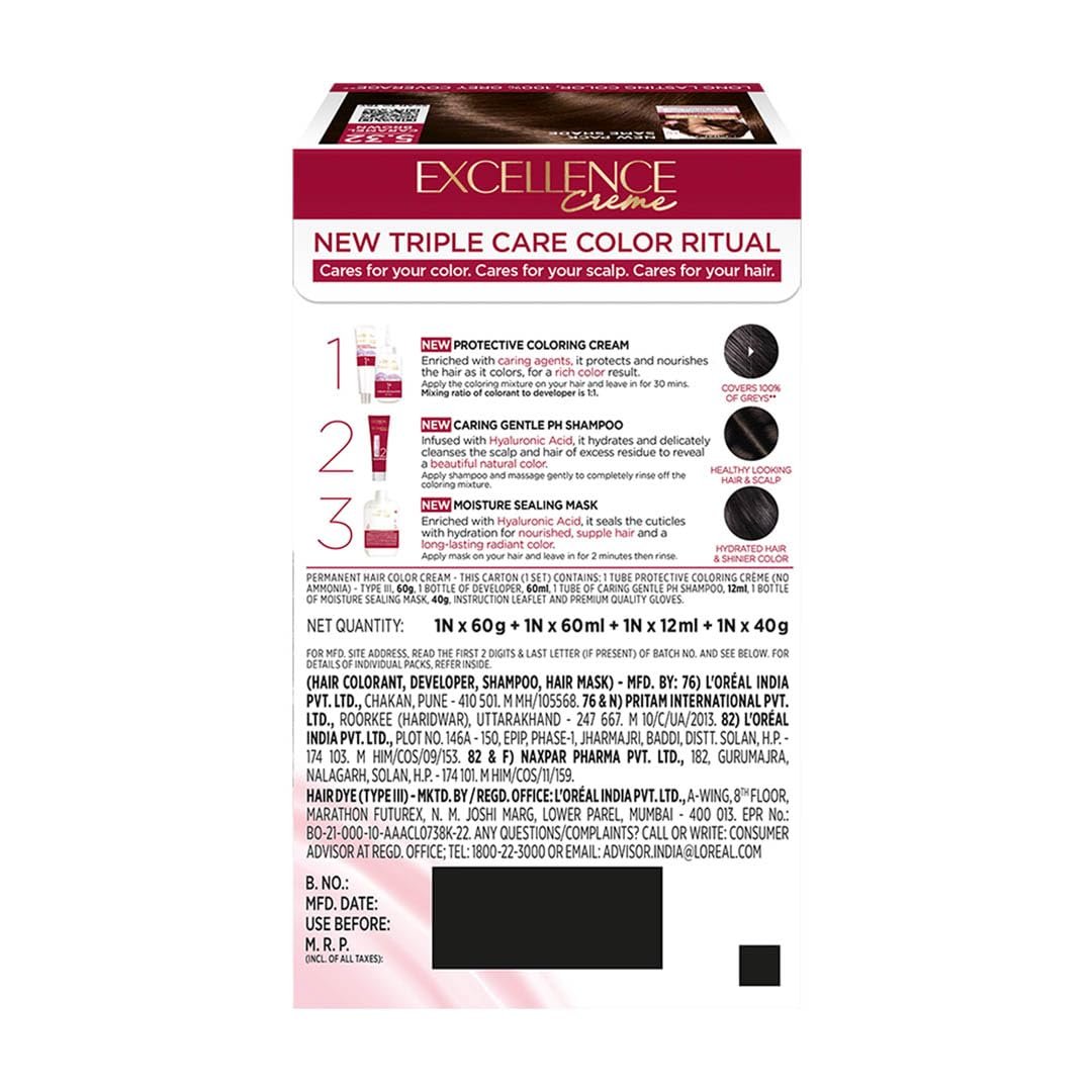 L'Oreal Paris Hair Colour, Radiant At-Home Hair Colour with up to 100% Grey Coverage, Excellence Creme, 5.32 Caramel Brown, 72ml+100g thumbnail