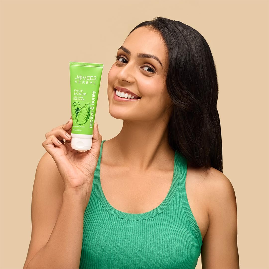 Jovees Herbal Papaya & honey Face Scrub | With Honey,Neem & Chamomile Extract | For Normal to Dry Skin | Gently Remove Dead Skin | Improves Uneven Skin Tone | Paraben And Alcohol Free | 100g thumbnail