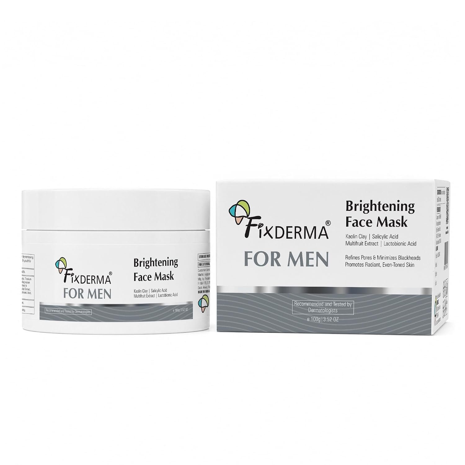 Fixderma Brightening Face Mask for Men | Clay Face Mask for Blackheads & Excess Oil | Deep Cleansing Mask for Clear, Smooth & Bright-Looking Skin | 100g thumbnail
