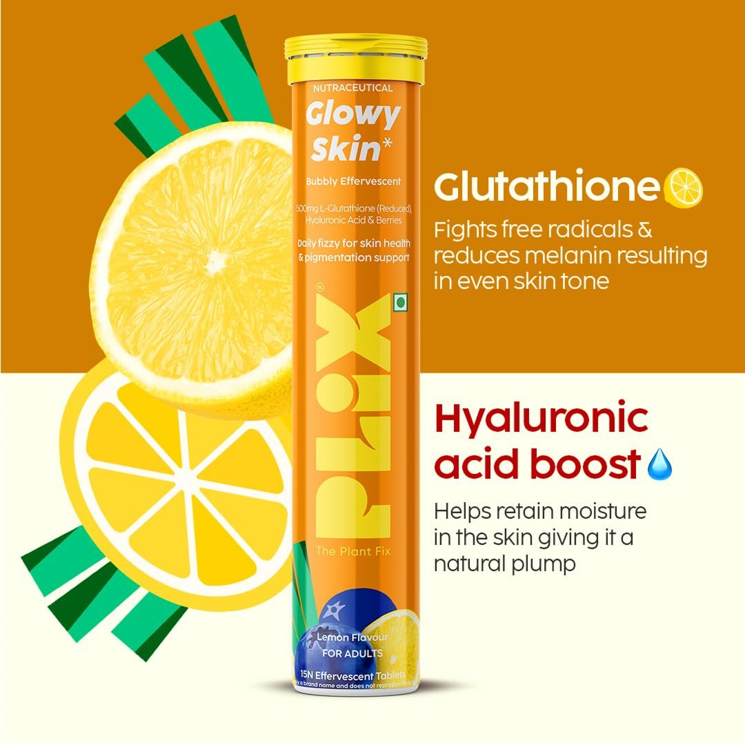 PLIX - THE PLANT FIX Glutathione Effervescent Tablets for Clear, Glowing & Youthful Skin | 500mg Glutathione, Vit E & Hyaluronic Acid | No Maltodextrin, No Sugar | Pack of 2 (30 tabs) | Lemo thumbnail