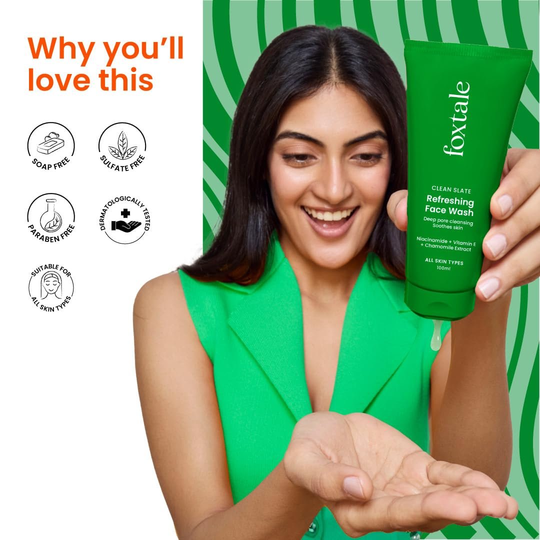 Foxtale Refreshing Face Wash for Deep Cleansing with Niacinamide, Hydrates & Brightens, Non-Drying Cleanser for Glowing Skin, Men & Women, For All Skin Types - 100 ml thumbnail