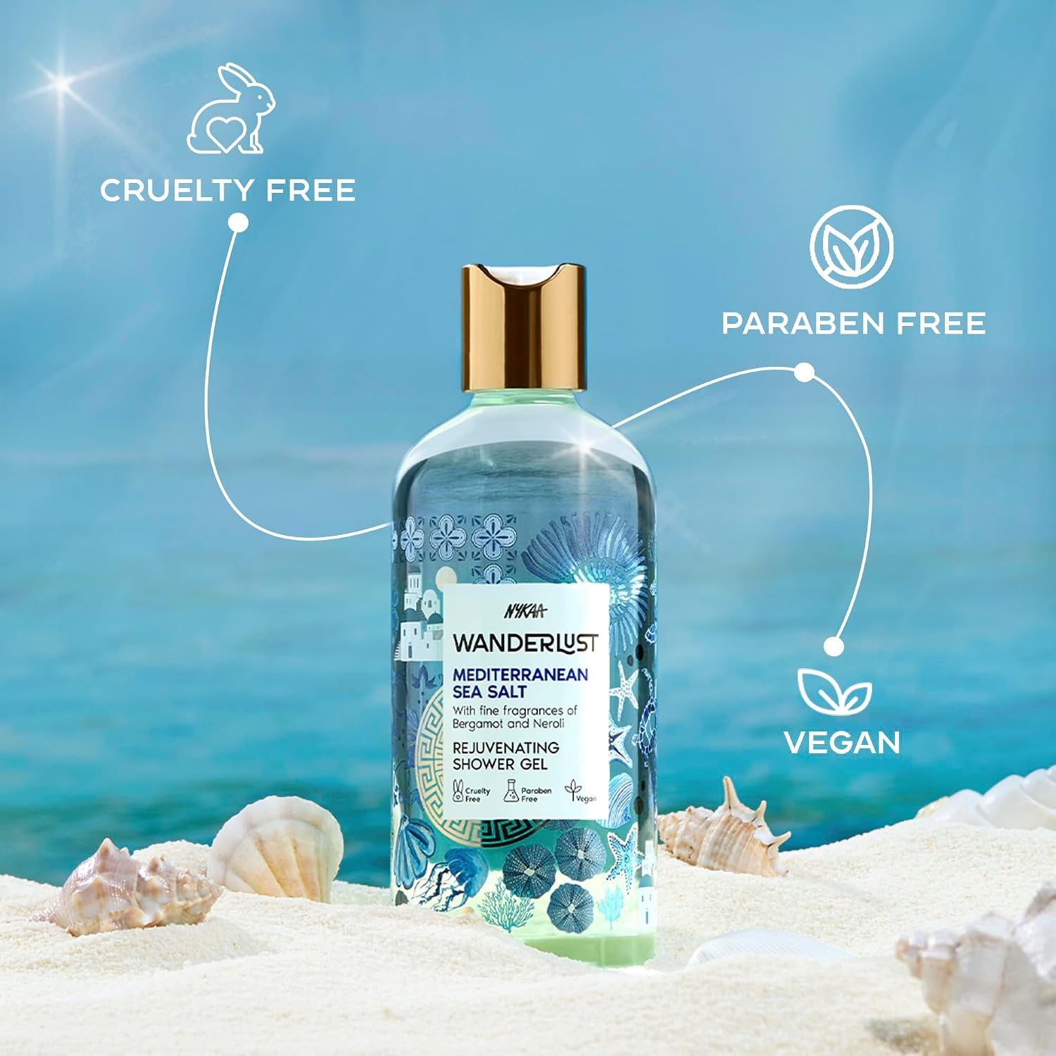 Nykaa Wanderlust Mediterranean Sea Salt Fresh Perfume Body Wash, Bergamot & Neroli, Vitamin E & Glycerine, Hydrating Shower Gel for Smooth & Soft Skin, Long-lasting Fragrance, No Parabens thumbnail