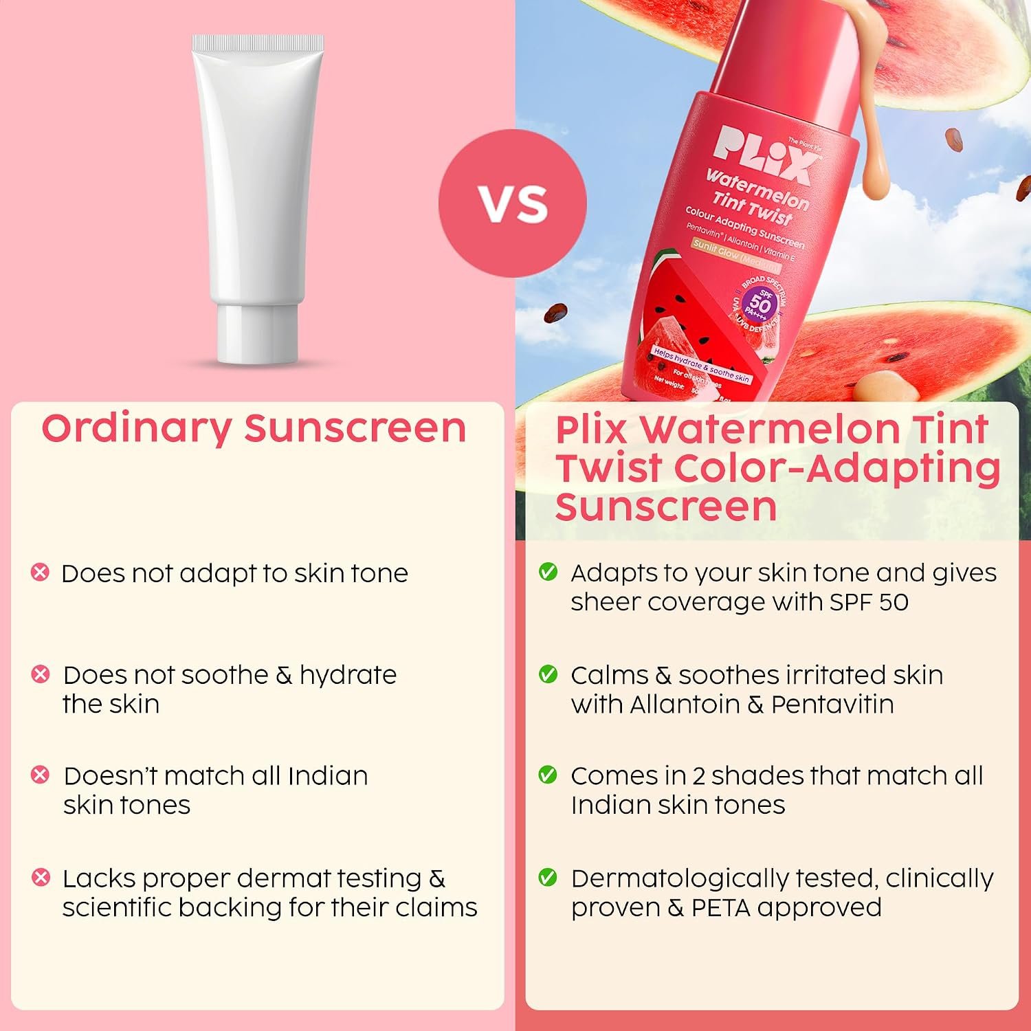 PLIX - THE PLANT FIX Watermelon Tint Twist Color-Adapting Sunscreen | For light coverage & instant glow | SPF 50 PA++++ Medium Sunlit Glow thumbnail