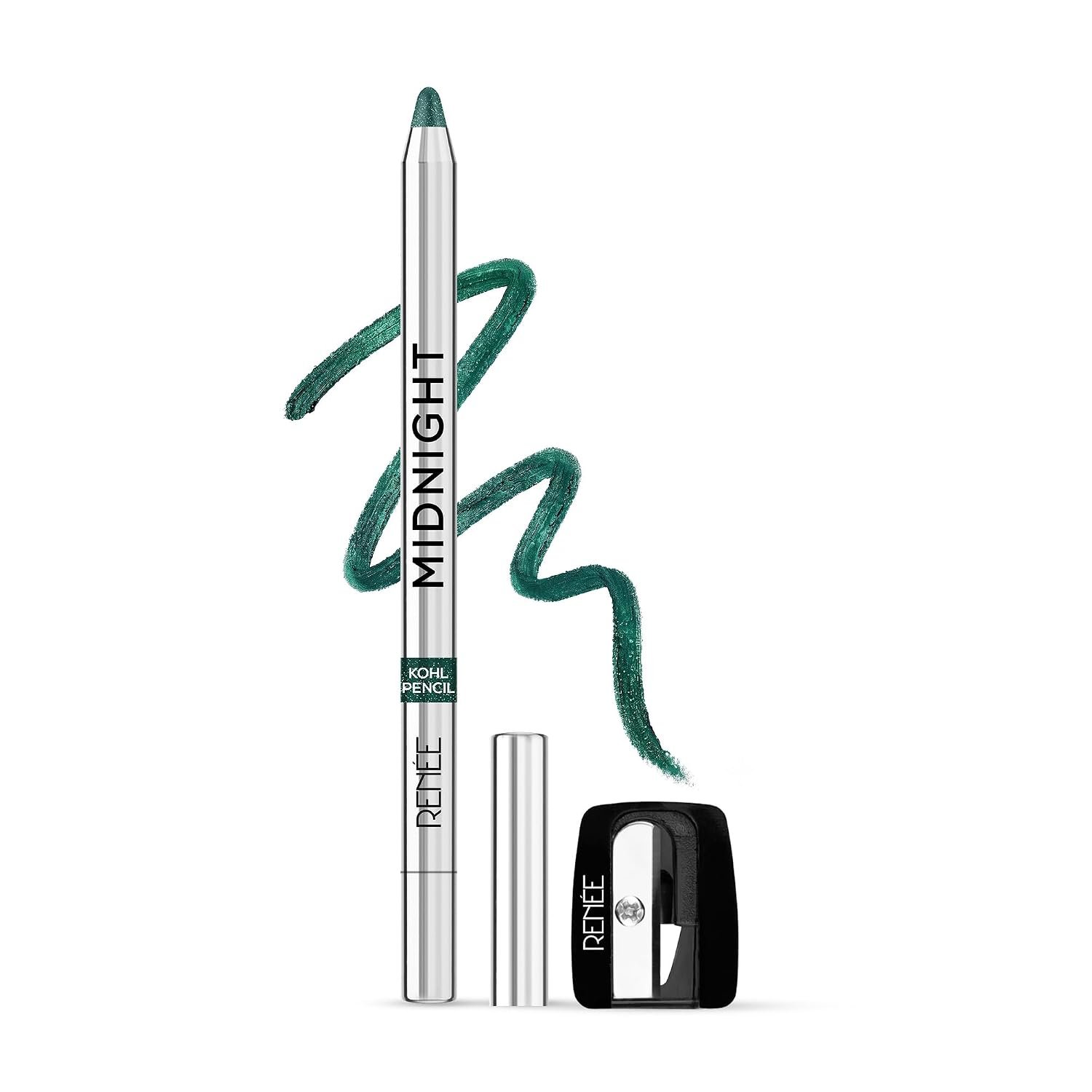 RENEE Midnight Kohl Pencil - Green | Waterproof, Smudge-proof Kajal With Sharpener | Matte Finish, Long-lasting Upto 24 Hours | One-swipe Application With Vitamin E | 1.5 g