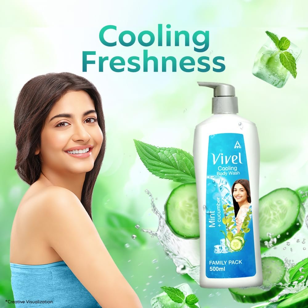 Vivel Cooling Body Wash, Mint & Cucumber Shower Gel, 500 ml Pump Bottle, Refreshing, Moisturizing & Fragrant Bodywash, For Soft, Smooth & Fresh Skin, For Women & Men thumbnail