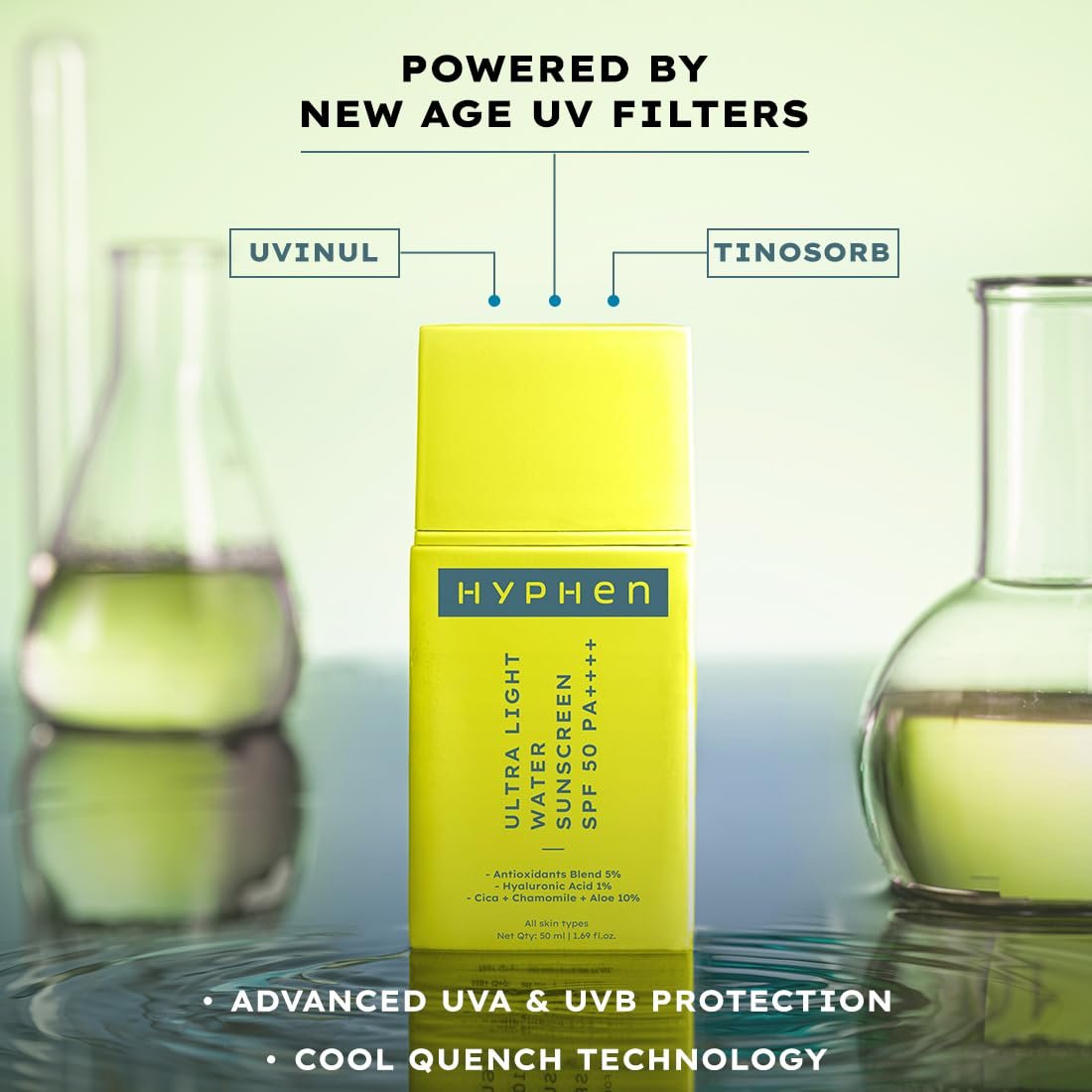 Hyphen 1% Hyaluronic Ultra Light Water Sunscreen SPF 50 PA ++++ | In-Vivo certified | Broad Spectrum & Blue Light Protection | Contains 5% Antioxidants Niacinamide Vitamin E -50ml thumbnail