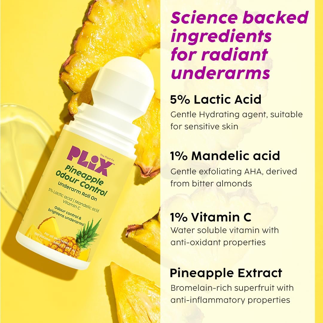 The Plant Fix Plix Pineapple Odour Control Underarm Roll-On (50Ml) With 5% Lactic Acid & 1% Mandelic Acid, Prevents Body Smell, Brightens Skin & Exfoliates Underarm, Alcohol Free - Lotion thumbnail