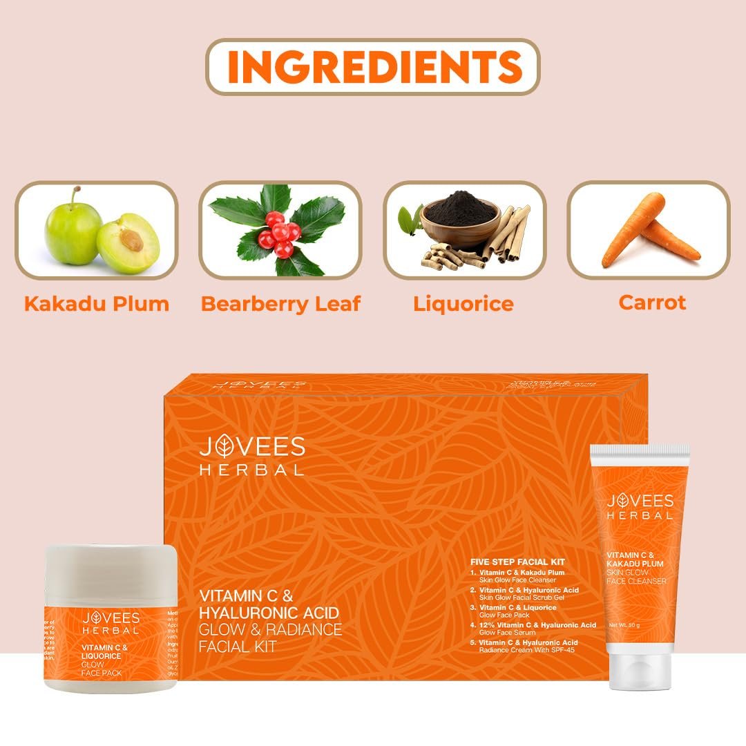 Jovees Herbal Vitamin C & Hyaluronic Acid Glow Facial Kit For Brighter & Radiant Skin | Kit For Improves Uneven Skin Tone, Fines Lines & Dullness 215g (Multiple use) thumbnail