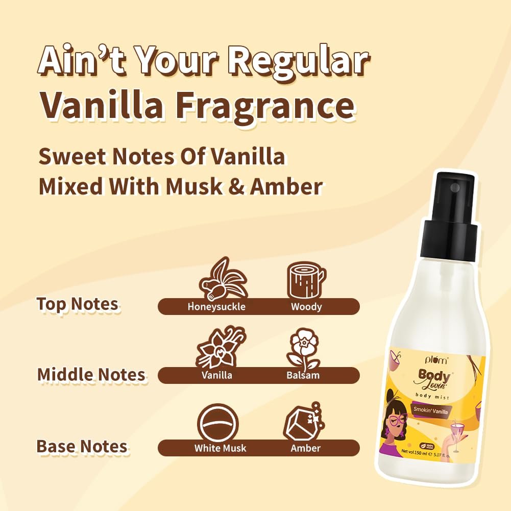 Plum BodyLovin' Smokin' Vanilla Body Mist | Long Lasting Spicy Fragrance for Women & Men With Honeysuckle, Musk |Perfume Spray 150 ml thumbnail