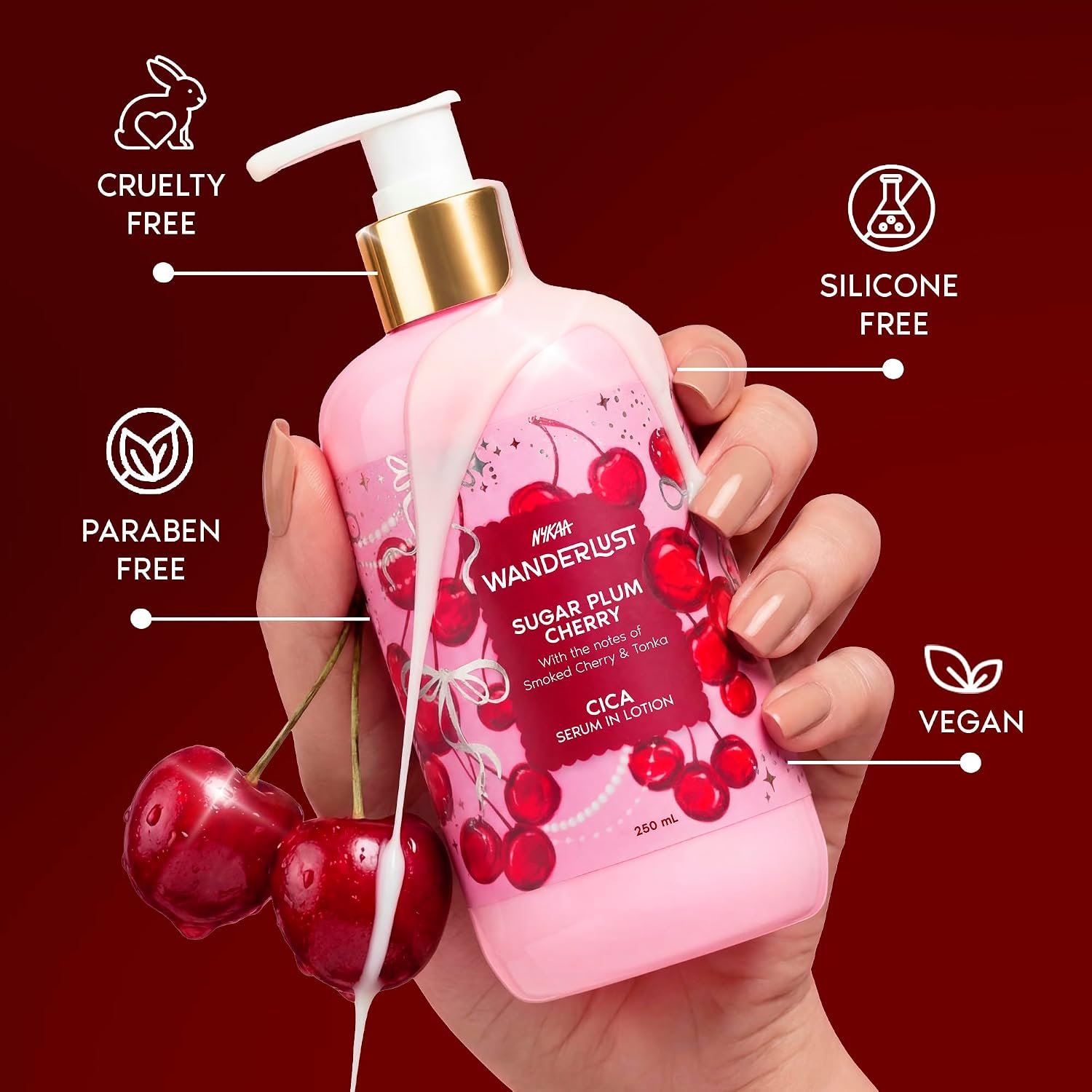 Nykaa Wanderlust Sugar Plum Cherry Moisturising Body Lotion, 250 ml |Cherry & Raspberry | Lightweight, Long-Lasting Moisturisation| Vegan, Paraben-Free I Suitable for All Skin Types thumbnail