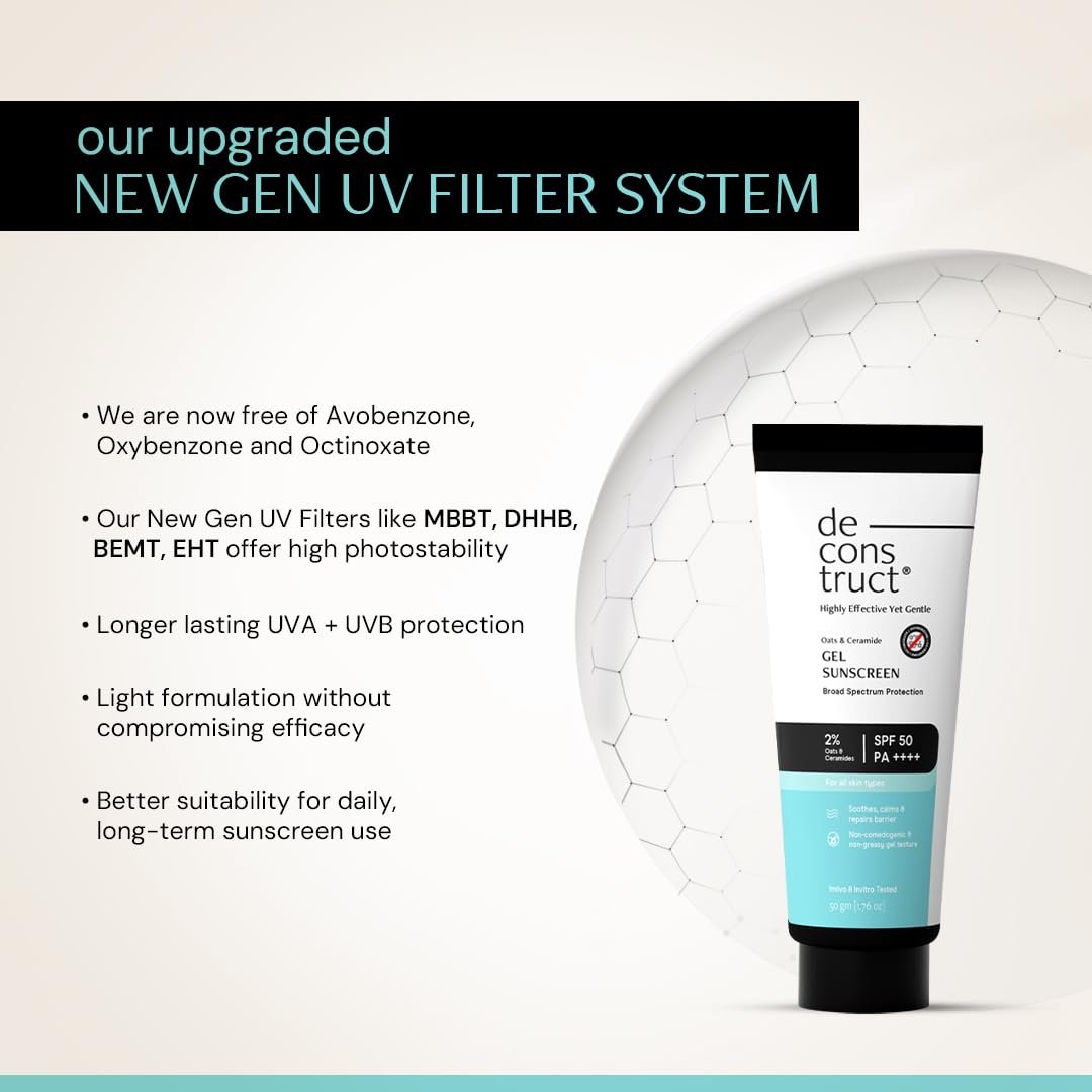 Deconstruct Oats & Ceramide Gel Sunscreen SPF 50 PA++++ |In Vivo| Barrier Repair for Sensitive & Oily skin | Soothes, Calms Skin | New Gen UV Filters |Lightweight & Non-greasy | 50g thumbnail
