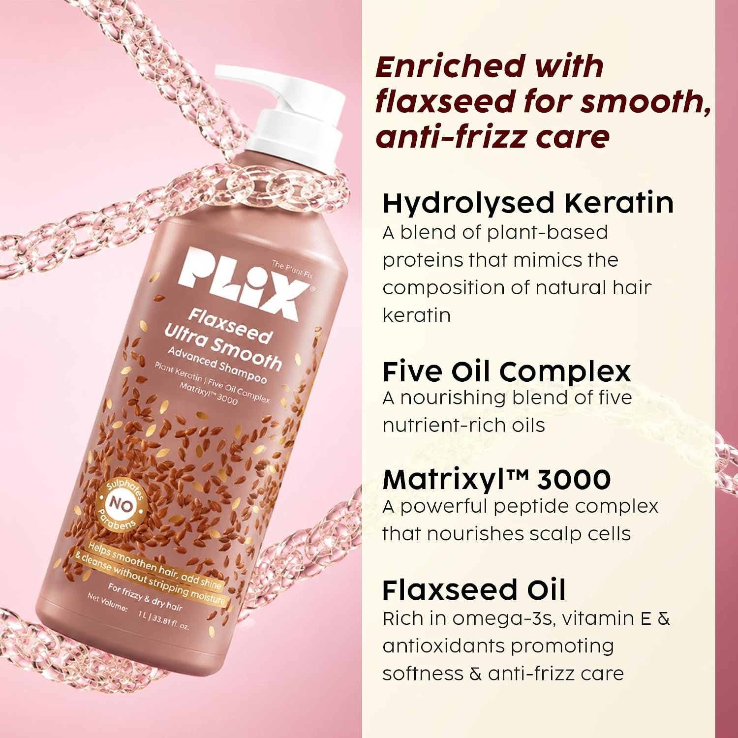 PLIX - THE PLANT FIX Flaxseed Ultrasmooth Advanced Shampoo | Plant Keratin PF & Flaxseed Oil | For Smooth & Shiny Hair | Paraben & Sulphate Free | For Men & Women | 1000ml thumbnail