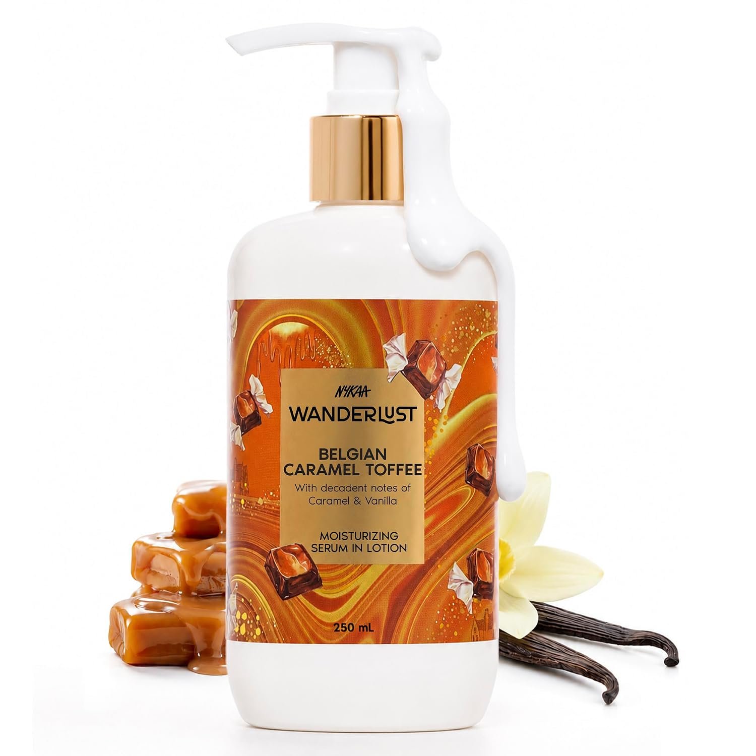 Nykaa Wanderlust Belgian Caramel Toffee Moisturising Body Lotion, 250 ml |Caramel & Vanilla | Lightweight, Long-Lasting Moisturisation| Vegan, Paraben-Free I Suitable for All Skin Types