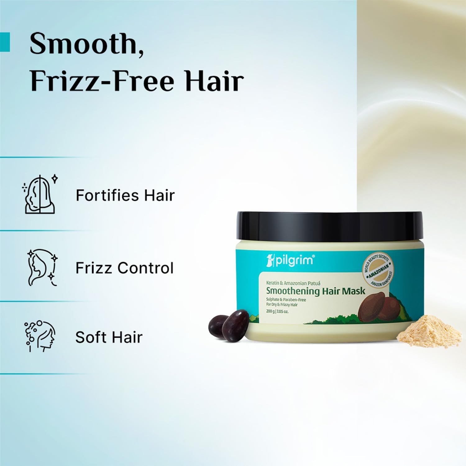 Pilgrim Patua & Keratin Smoothening Hair Mask for Dry & Frizzy Hair - 200ml Upto 72H Frizz Control, Intense Nourishment, Smooth Frizz Free Hair, Softens Damaged Hair, Silky & Shiny Hair thumbnail