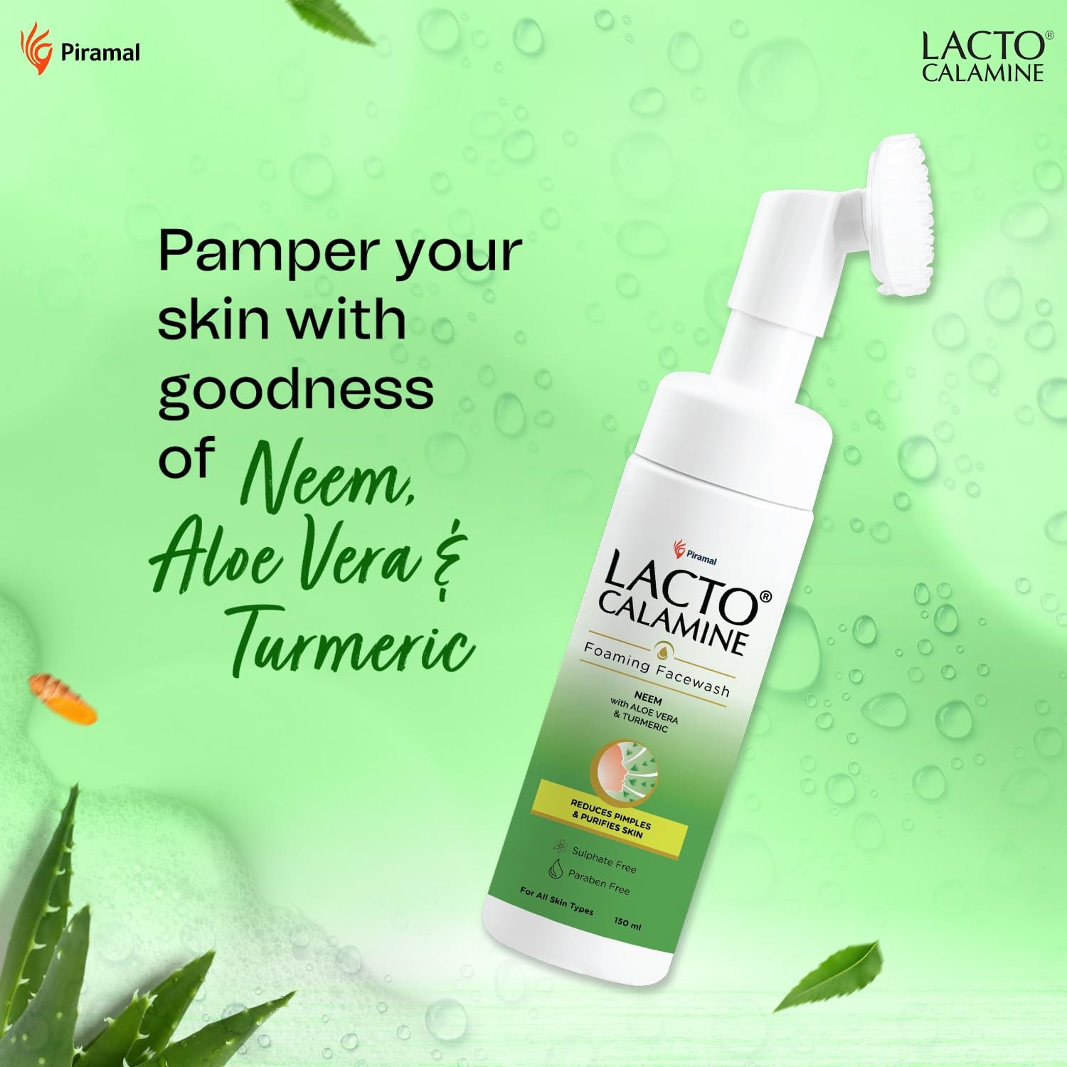 Lacto Calamine Neem Aloe Turmeric Foaming Face wash| Reduces pimples| Purifies skin| With Built-in foaming Brush| 150 ml thumbnail