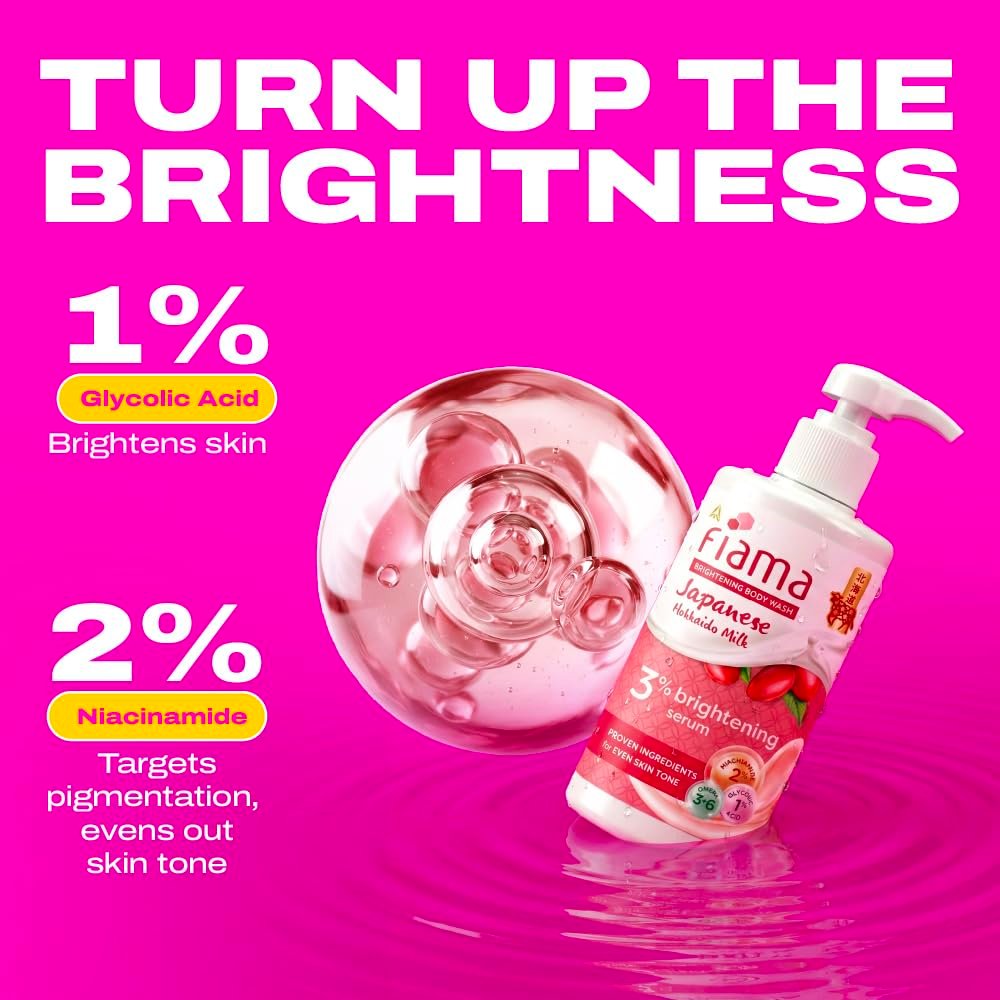 Fiama 3% Brightening Serum Body Wash 250ml | 2% Niacinamide, 1% Glycolic Acid, Omega 3 & 6 Fatty Acids Shower Gel, Fights Dullness & Evens Skin tone | Exotic Japanese Hokkaido Milk thumbnail