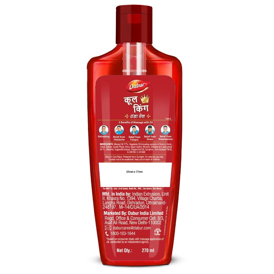 Dabur Cool King Thanda Tel Hair Oil - 270ml | Power of 11 Ayurvedic Herbs | Relaxing & Refreshing Cooling Effect | Relieves Headache, Fatigue, Sleeplessness & Stress | thumbnail