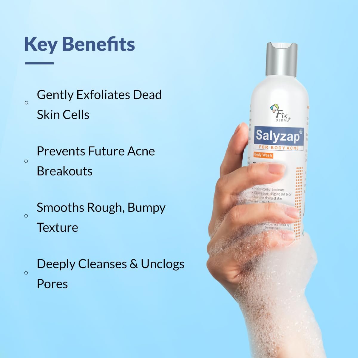 Fixderma Salyzap 2% Salicylic Acid Body Wash For Acne | Exfoliating Bodywash | Anti Acne Body Wash on Back & Arms for Acne Prone Skin | Helps in Control Brekouts, Unclogs Pores - 200ml thumbnail