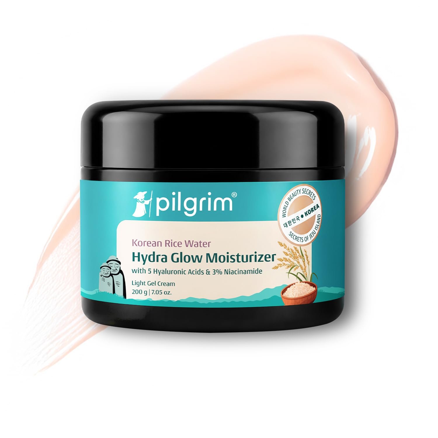 Pilgrim Korean Rice Water Hydra Glow Moisturizer Gel Cream - 200g Glass Skin Glow, Quick Absorbing, Deep Hydration, Winter & Summer Gel Moisturizer, with Niacinamide, For Normal to Dry Skin
