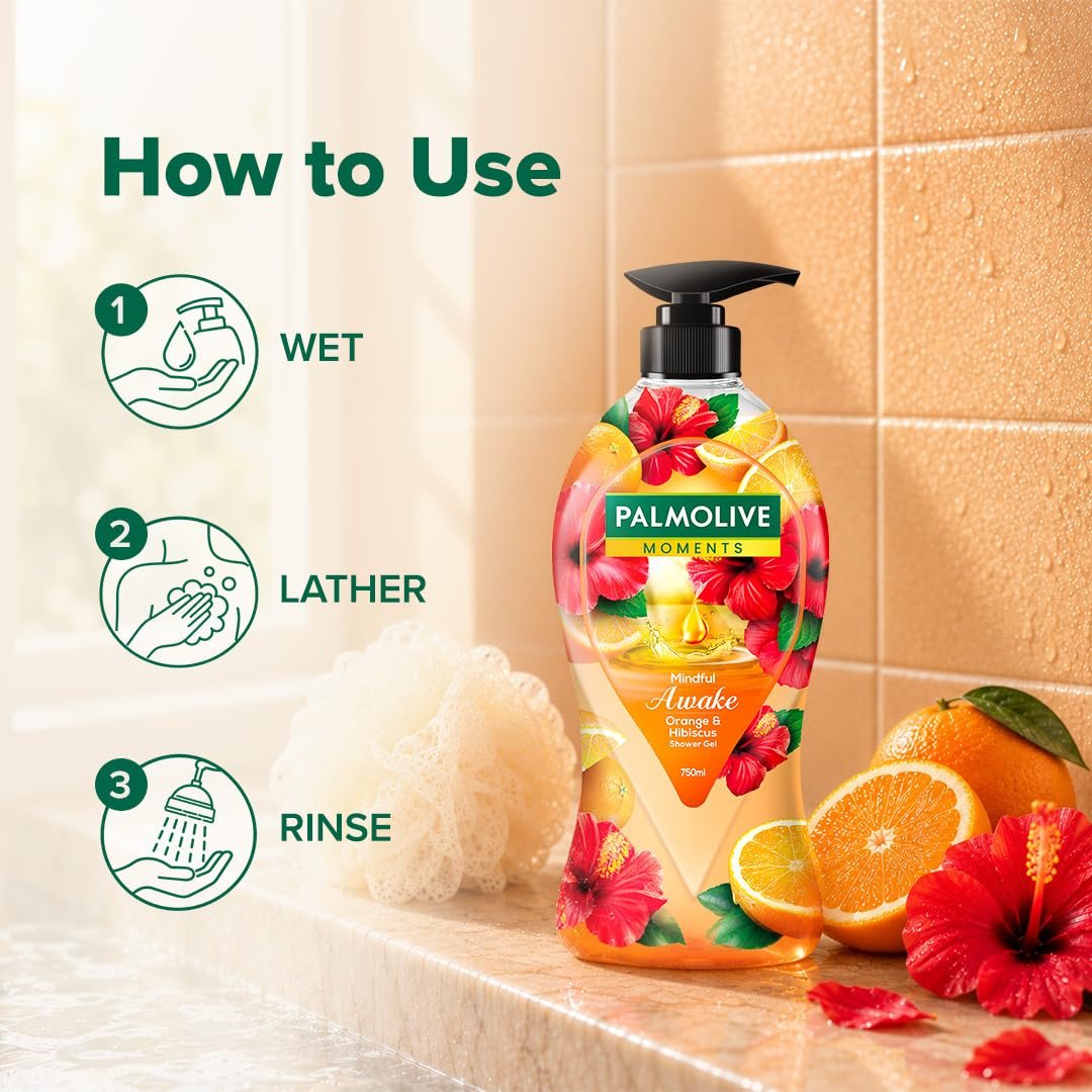 Palmolive Mindful Awake Body Wash, 750ml Shower Gel Single Pump Bottle, 100% Natural Orange & Hibiscus Extracts, pH Balanced Bodywash, Free of Parabens & Silicones thumbnail