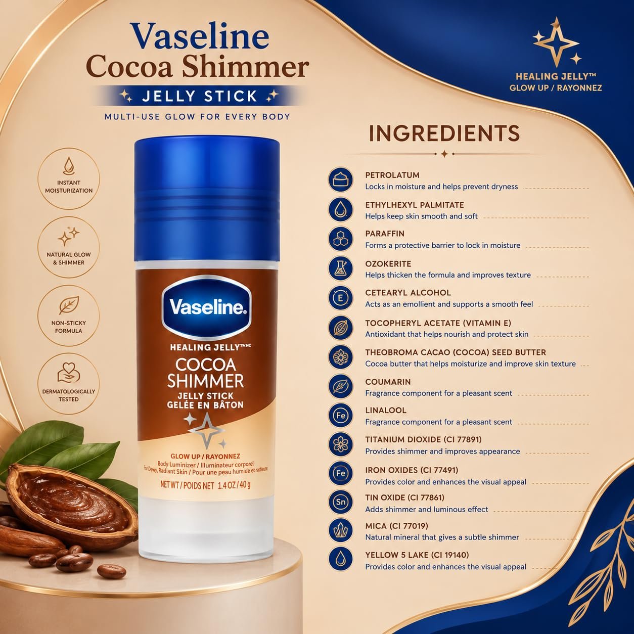 Vaseline Cocoa Shimmer Jelly Stick 40g | Hydrating Body Glow Balm for Radiant Shimmering Skin | Portable Moisture Stick thumbnail